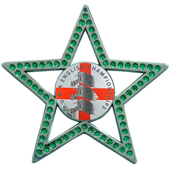 SILVER 75MM - GREEN STAR GEMSTONE CUSTOM MEDAL **SPARKLE**